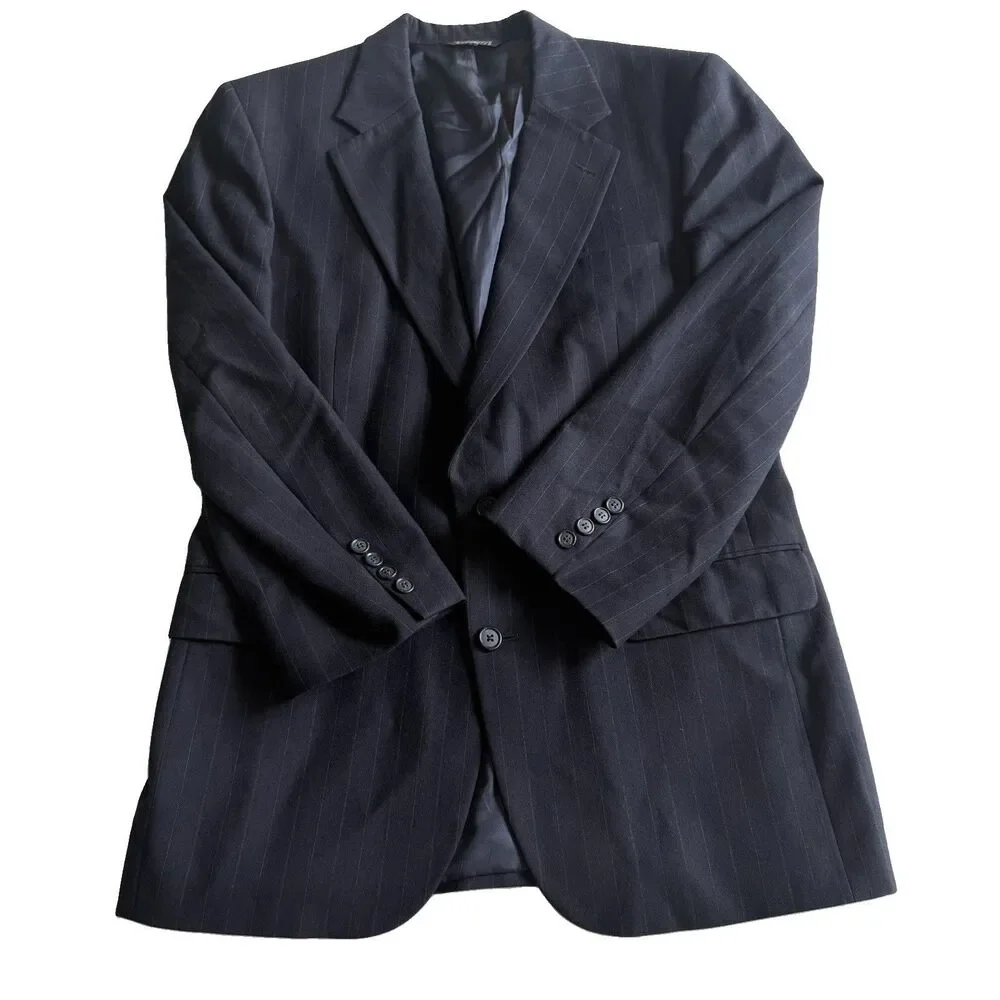 Burberrys Blue Pinstripe Wool Blazer Suit Jacket Sz 38 Vintage 80s USA Made